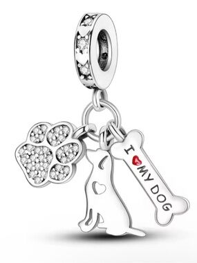 925 Sterling Silver I Love My Dog Charm CZ Paw Print Bone Bead for Bracelet
